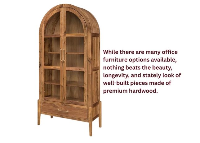 Amish-built solid wood display cabinet showcasing traditional craftsmanship and natural wood grain. Caption: While there are many office furniture options available, nothing beats the beauty, longevity, and stately look of well-built pieces made of premium hardwood.