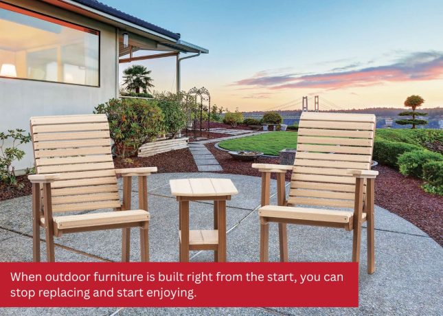 Poly Adirondack chairs with side table on a backyard patio with scenic landscaping and sunset view.