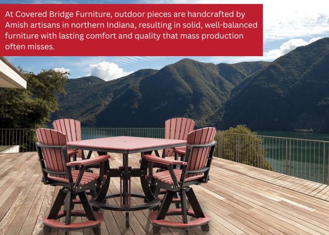 Amish-crafted poly outdoor dining set on a deck overlooking mountains and water.