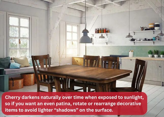 Cherry darkens naturally over time when exposed to sunlight, so if you want an even patina, rotate or rearrange decorative items to avoid lighter “shadows” on the surface.