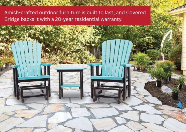 Poly Adirondack chairs with side table on a landscaped stone patio surrounded by greenery.