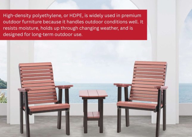 Two poly Adirondack chairs with side table in a covered patio setting overlooking the ocean.
